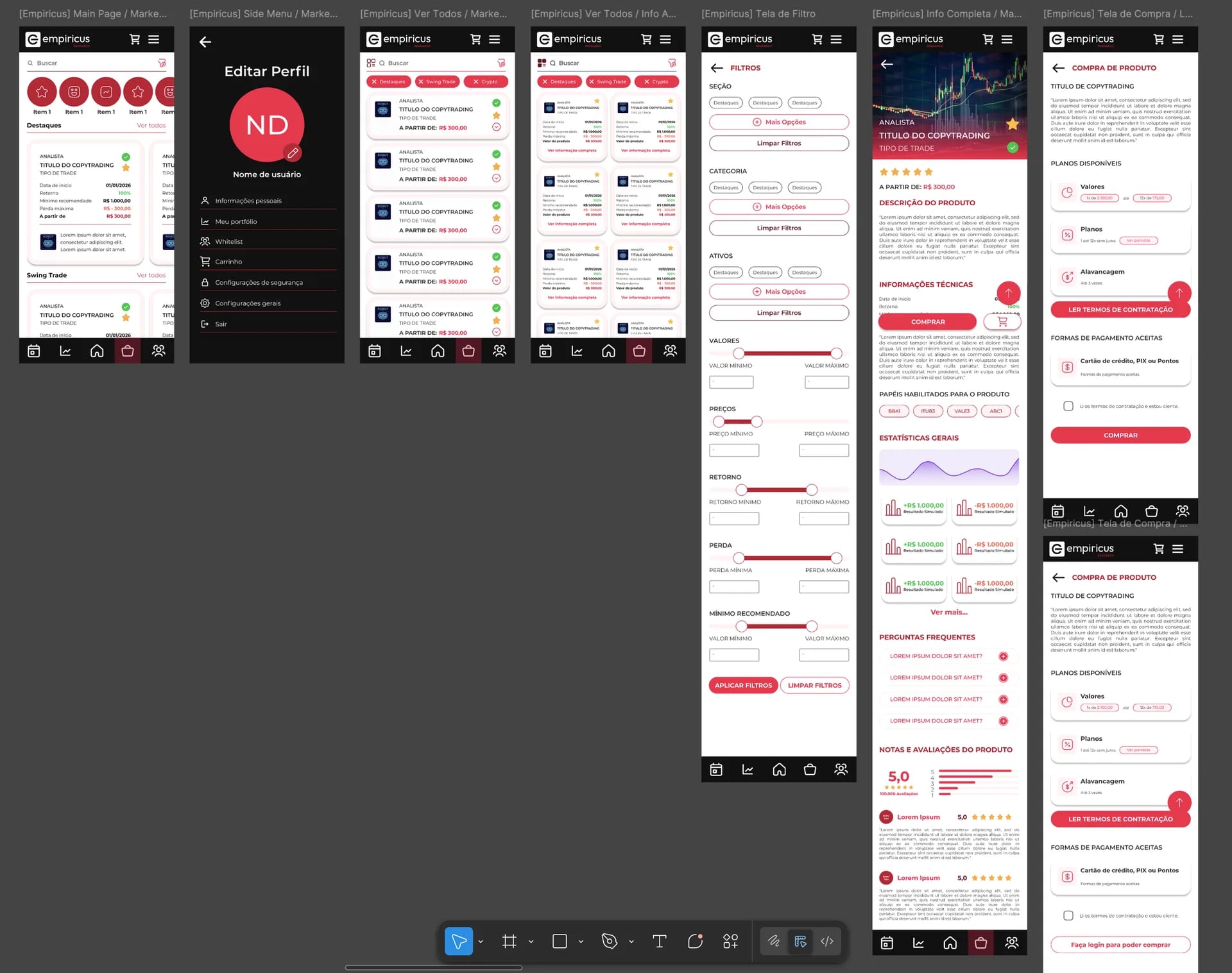 The screens of an app laid out as a user flow