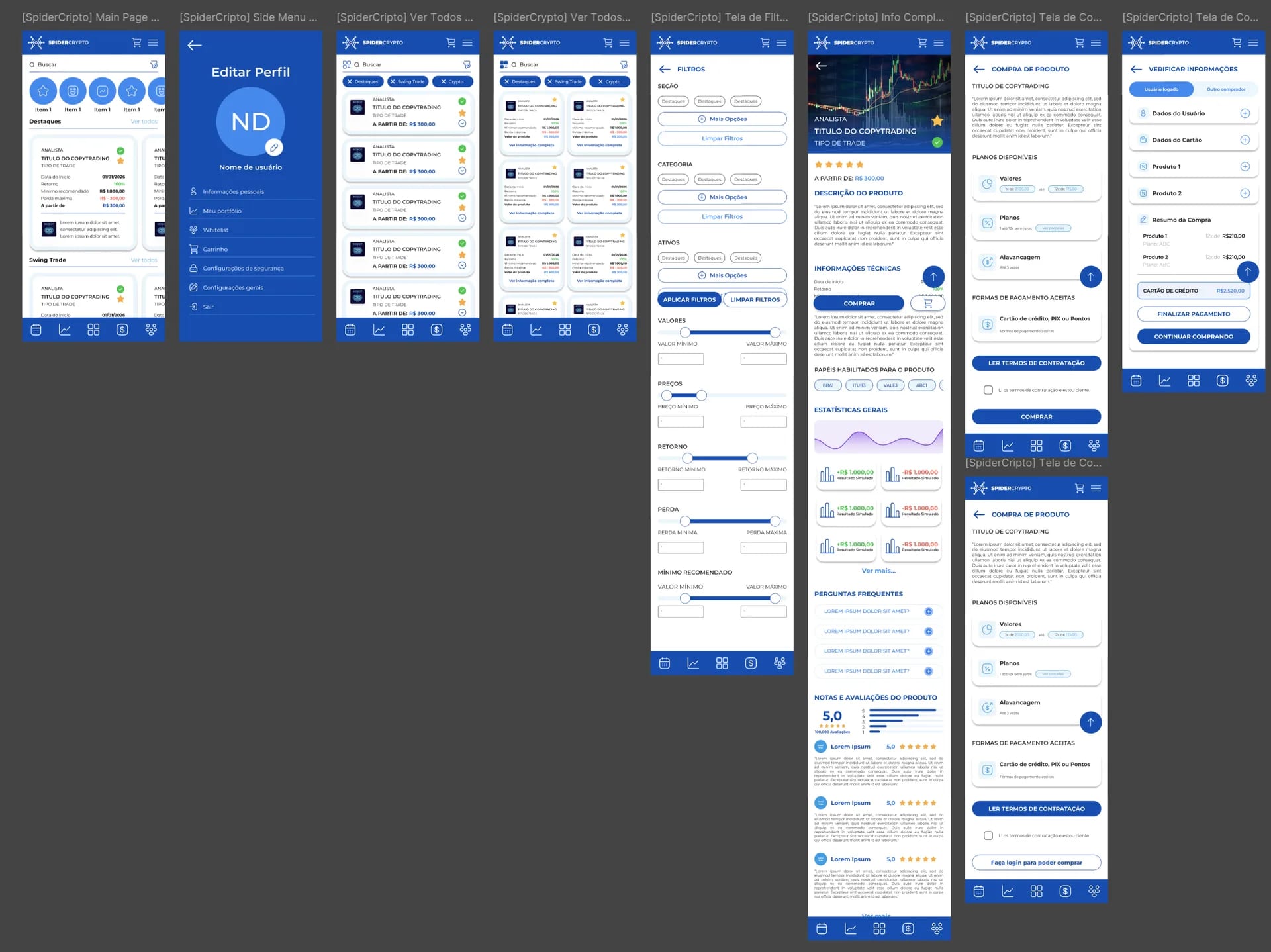 Wireframes of the main flows of an app