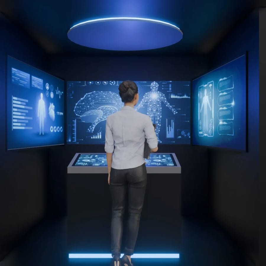 A visitor at the interactive touch table of the booth