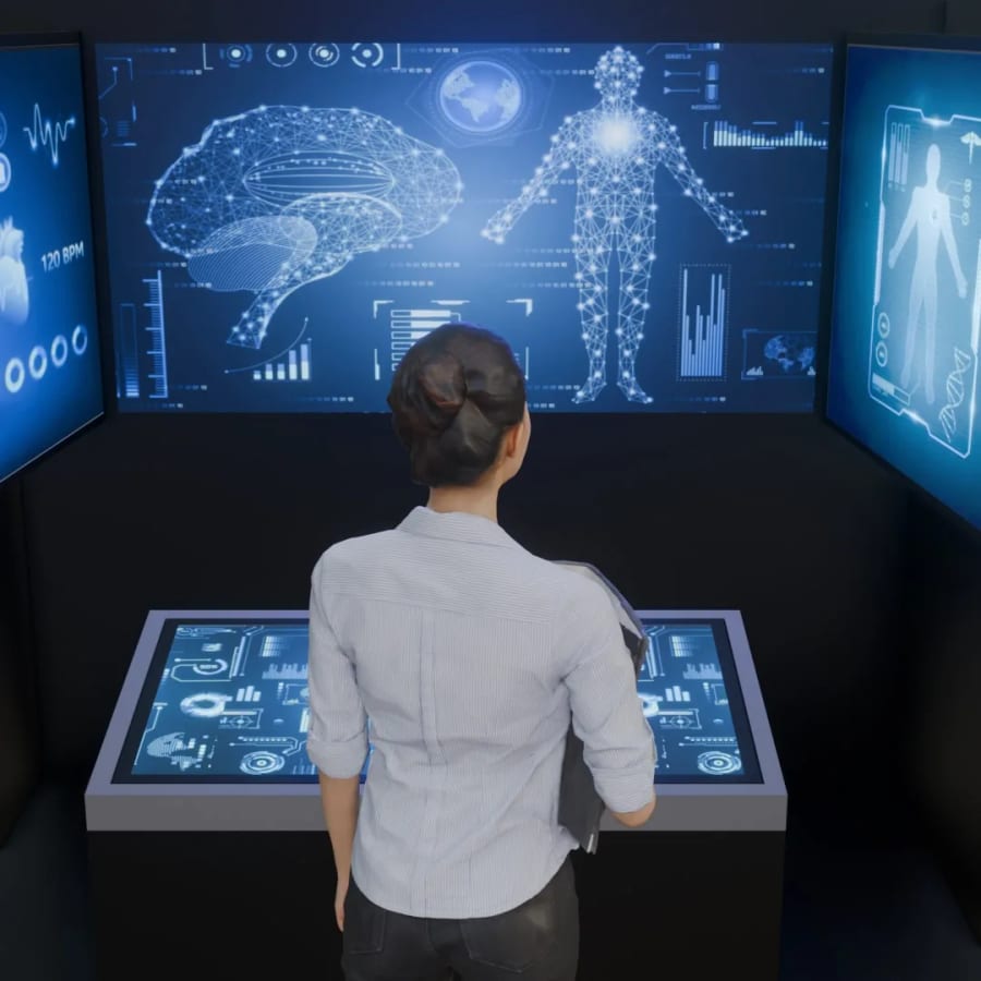The touch table and the screens around the visitor