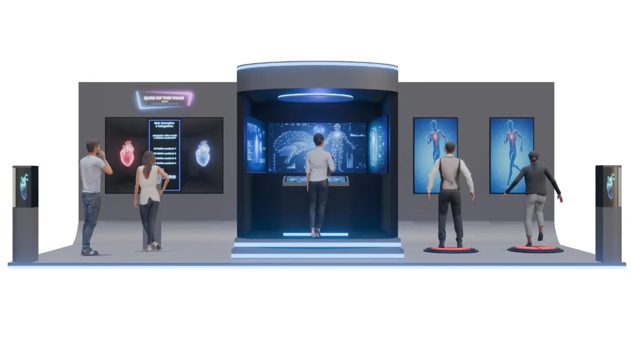 The booth from the front, with visitors and screens