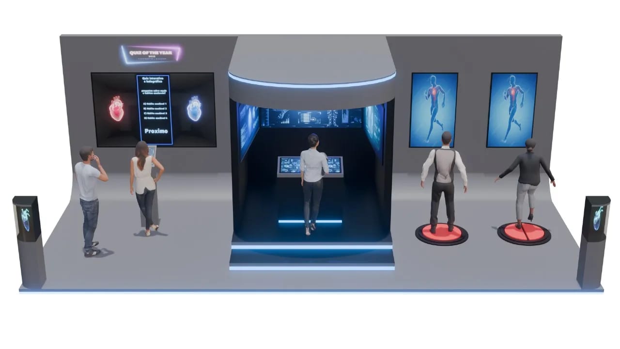 The booth from the side, with its stands and screens