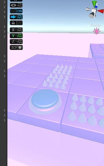 A blue button on purple tiles between rows of spikes