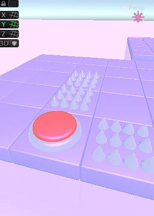 A red button on purple tiles between rows of spikes