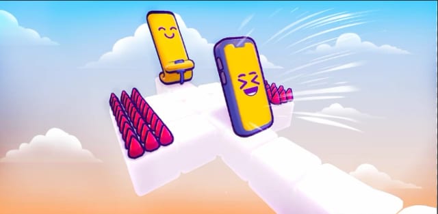 Two cartoon phones flipping over a white path past pink spikes in the sky