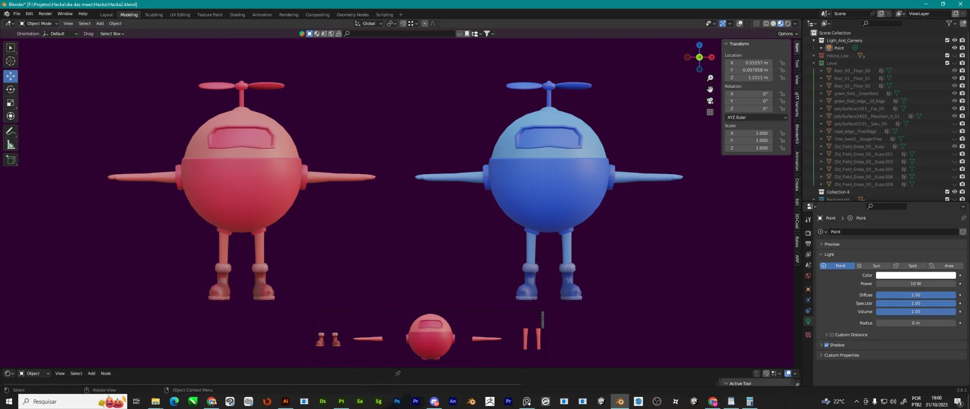 A red and a blue version of the character in Blender