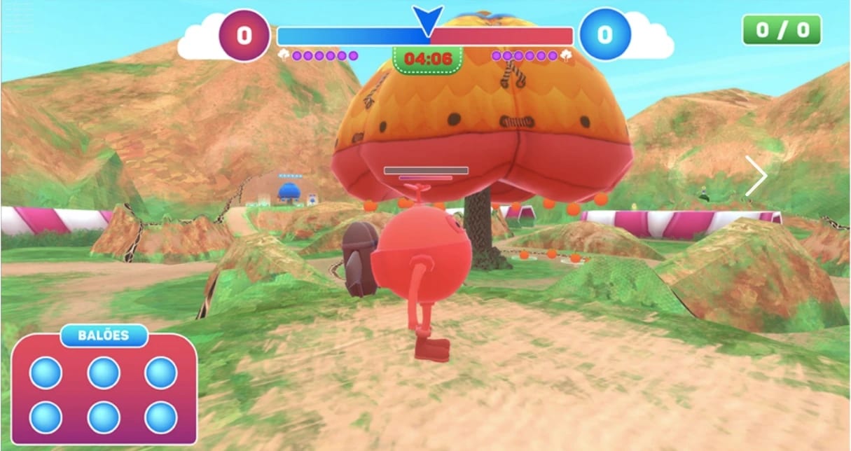 A player in front of the central tree, six standard balloons in the inventory