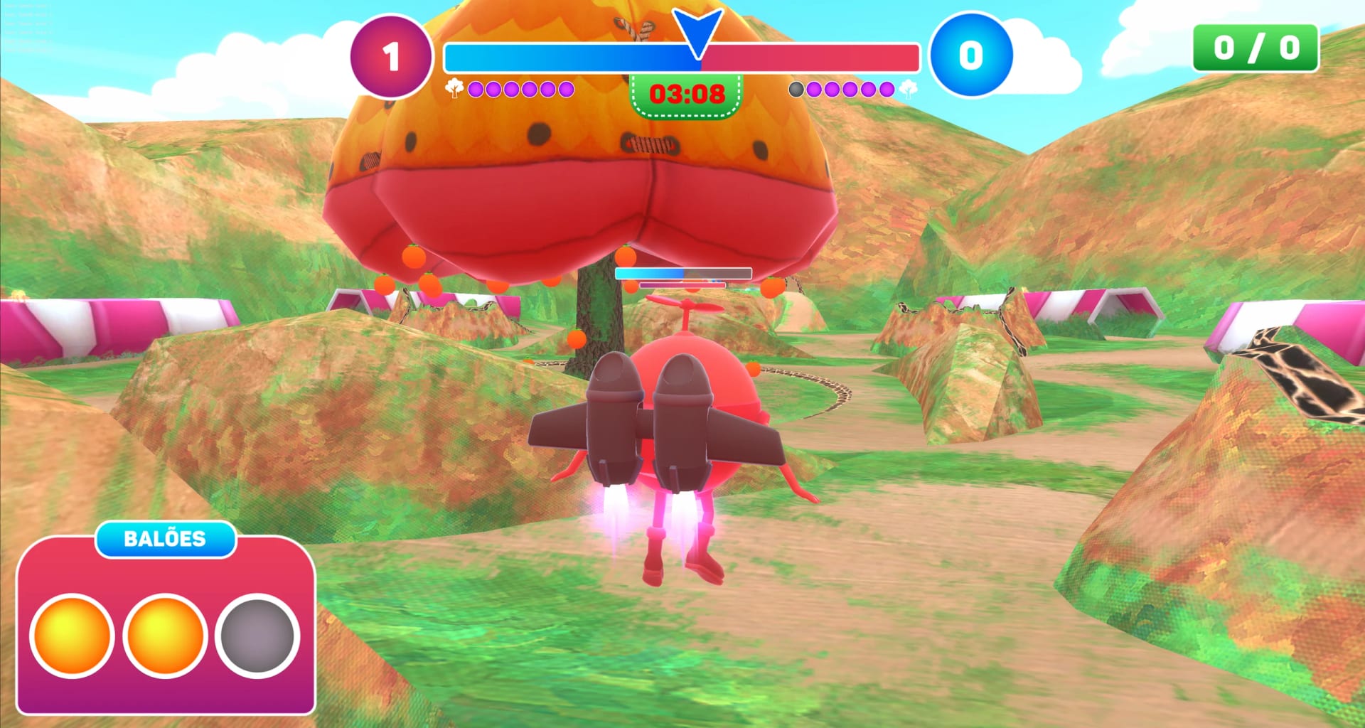 A player with the jetpack flying toward the central tree, heavy balloons in the inventory