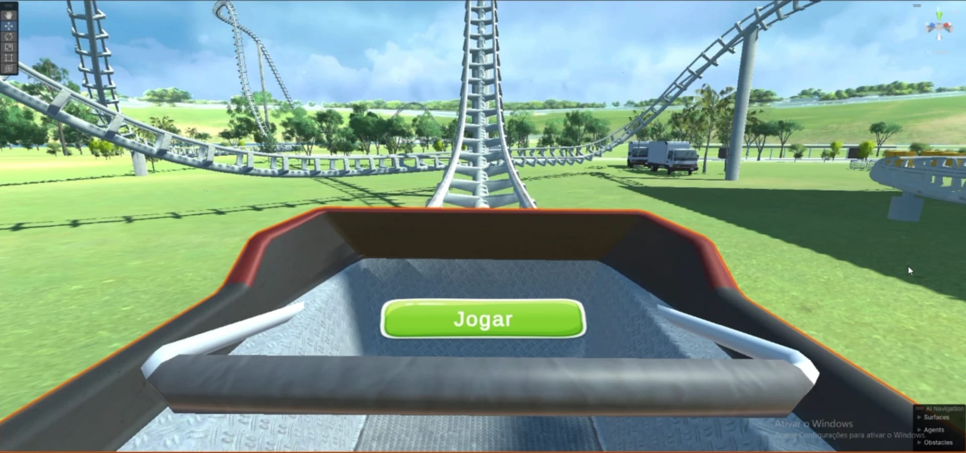 A first-person view from a roller coaster cart over a green park, with a Play button