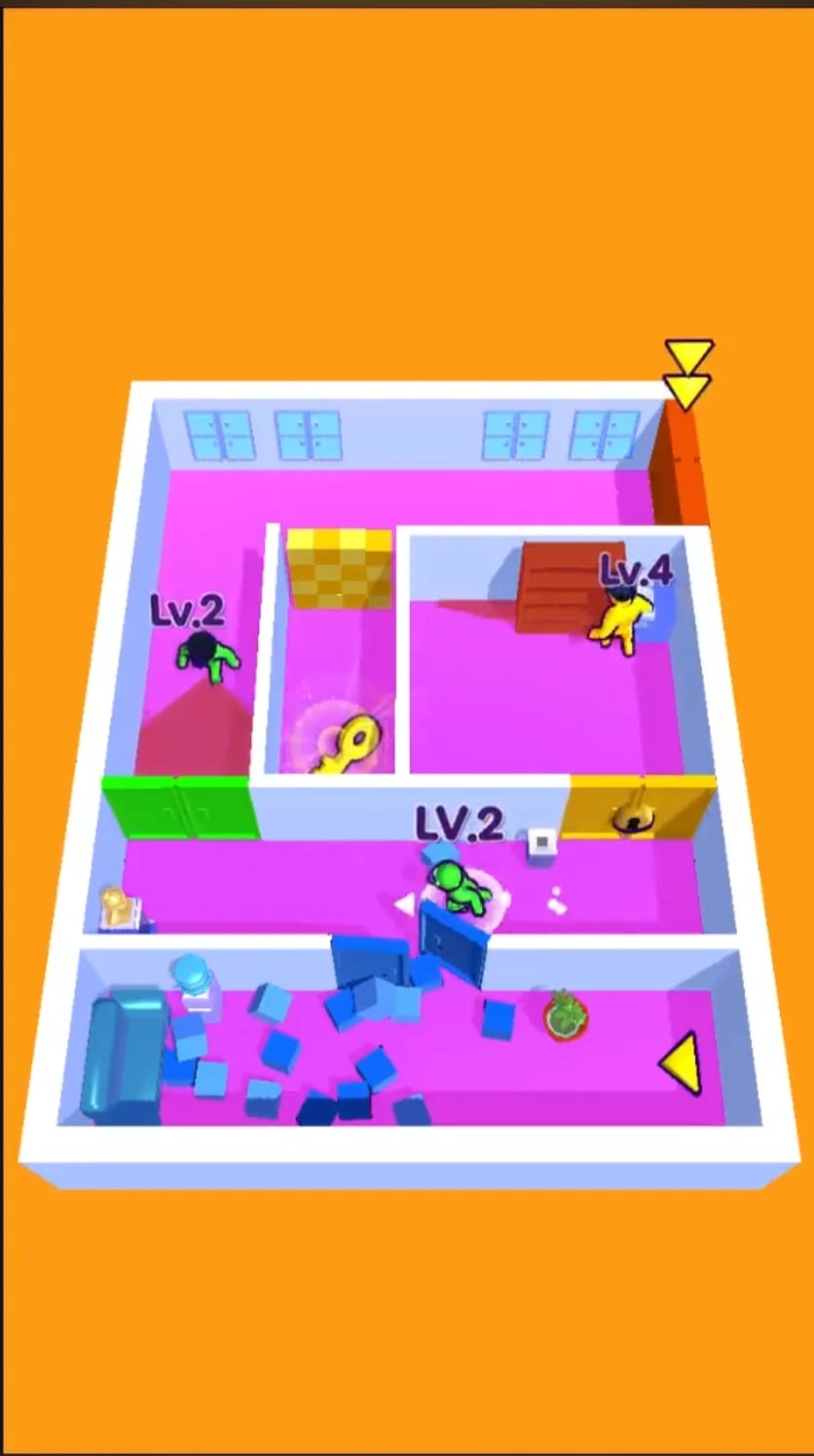 A top-down level with colored doors, a key and police of different levels