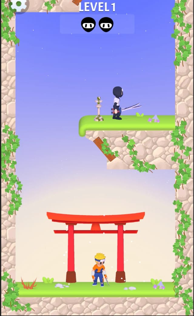 A vertical level with a hooded ninja on a ledge and the player at a torii gate