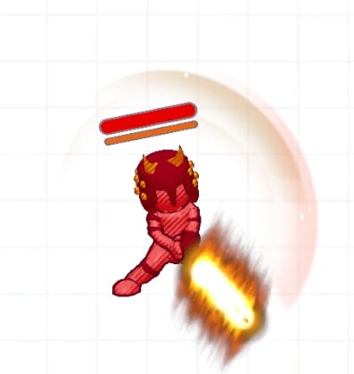 A horned red sketchbook boss with a health bar, attacking with a glowing orange trail