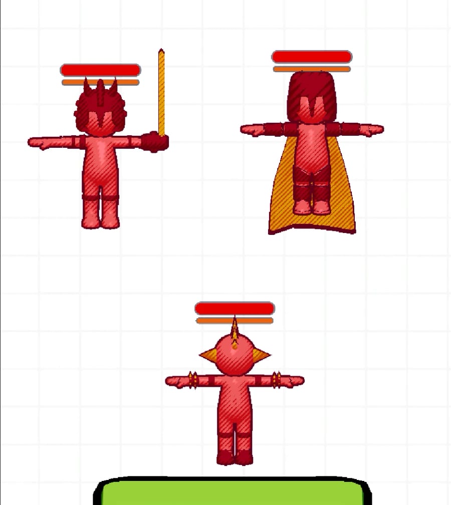 Three red sketchbook bosses in T-pose with health bars, one with a sword, one with a cape, one with pointed ears and a horn