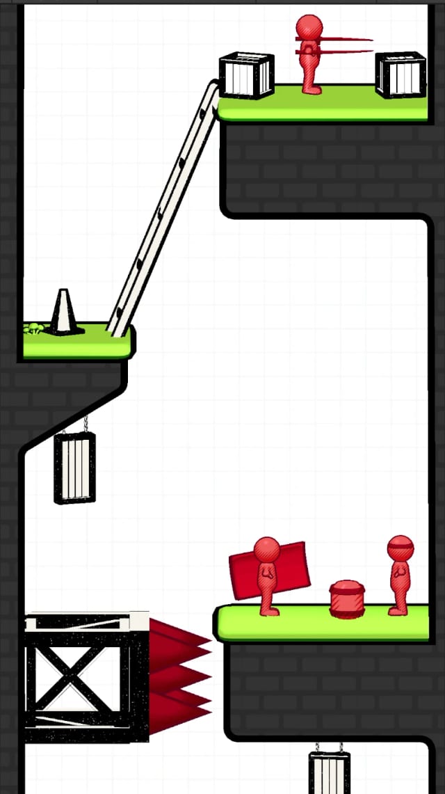A vertical sketchbook level with red enemies on green platforms, crates, a ladder and red spikes