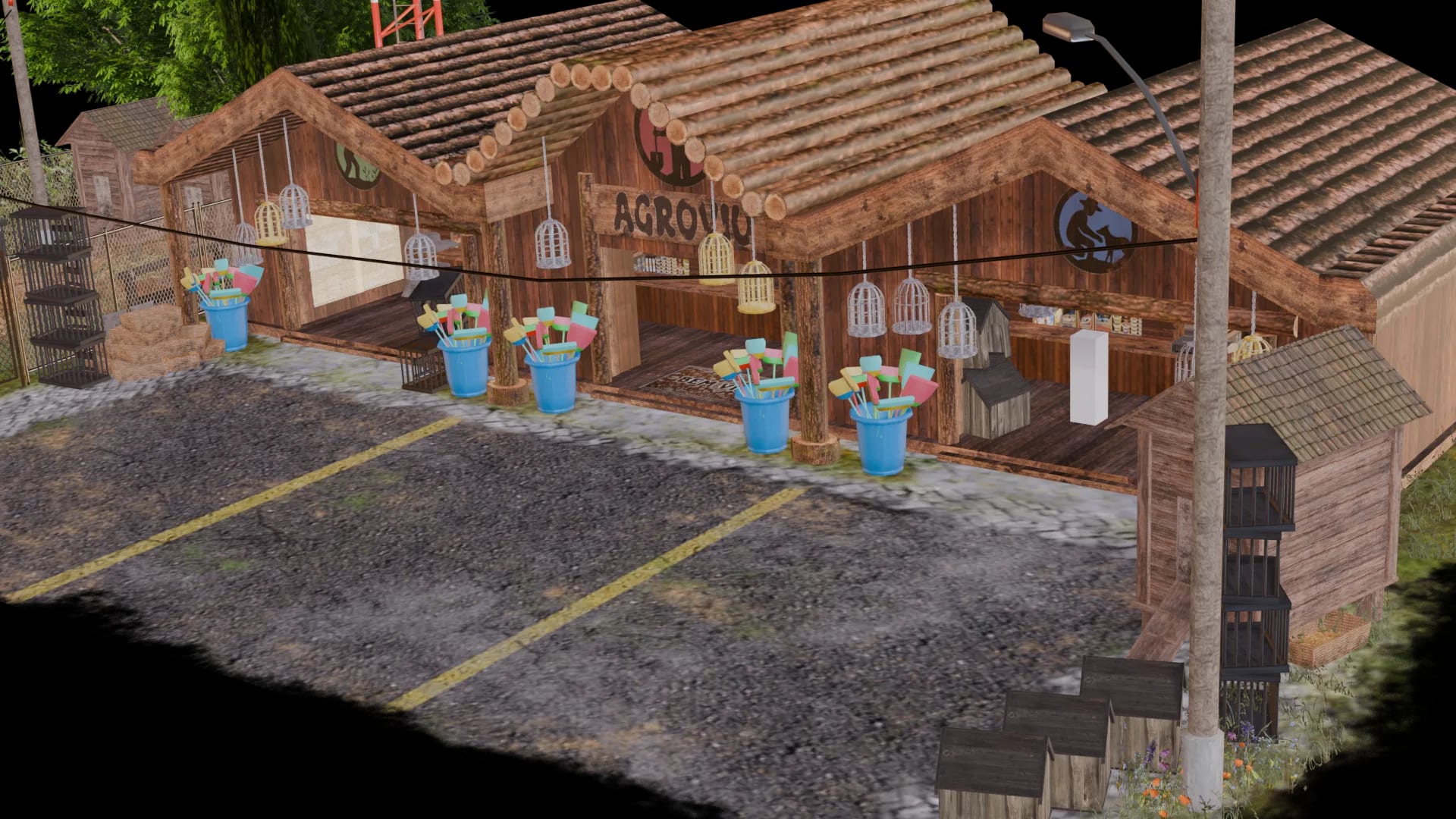 The store from the side, with its wooden roofs