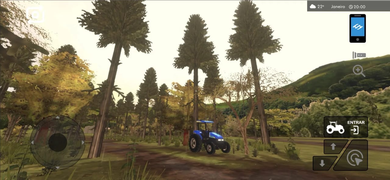 A tractor on a dirt road, with the phone icon on the HUD