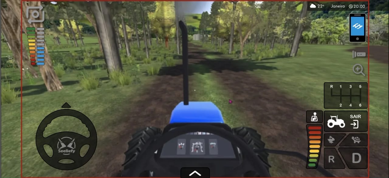 The cab view, with the wheel, gears and speed on screen