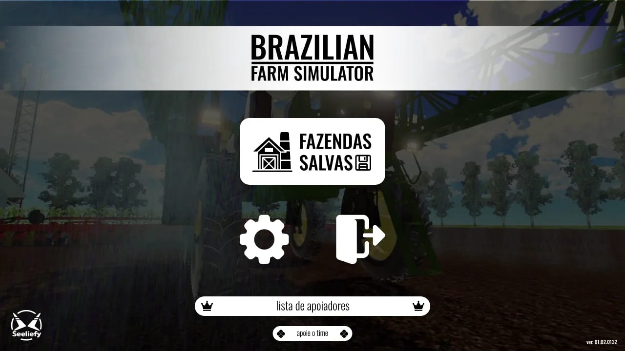 The main menu, with saved farms, settings and exit