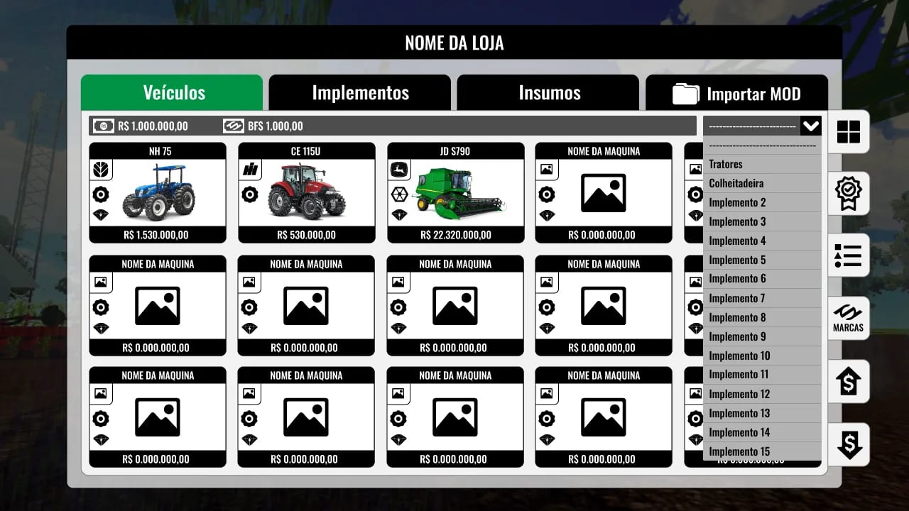 Vehicles, implements and supplies, with mod import