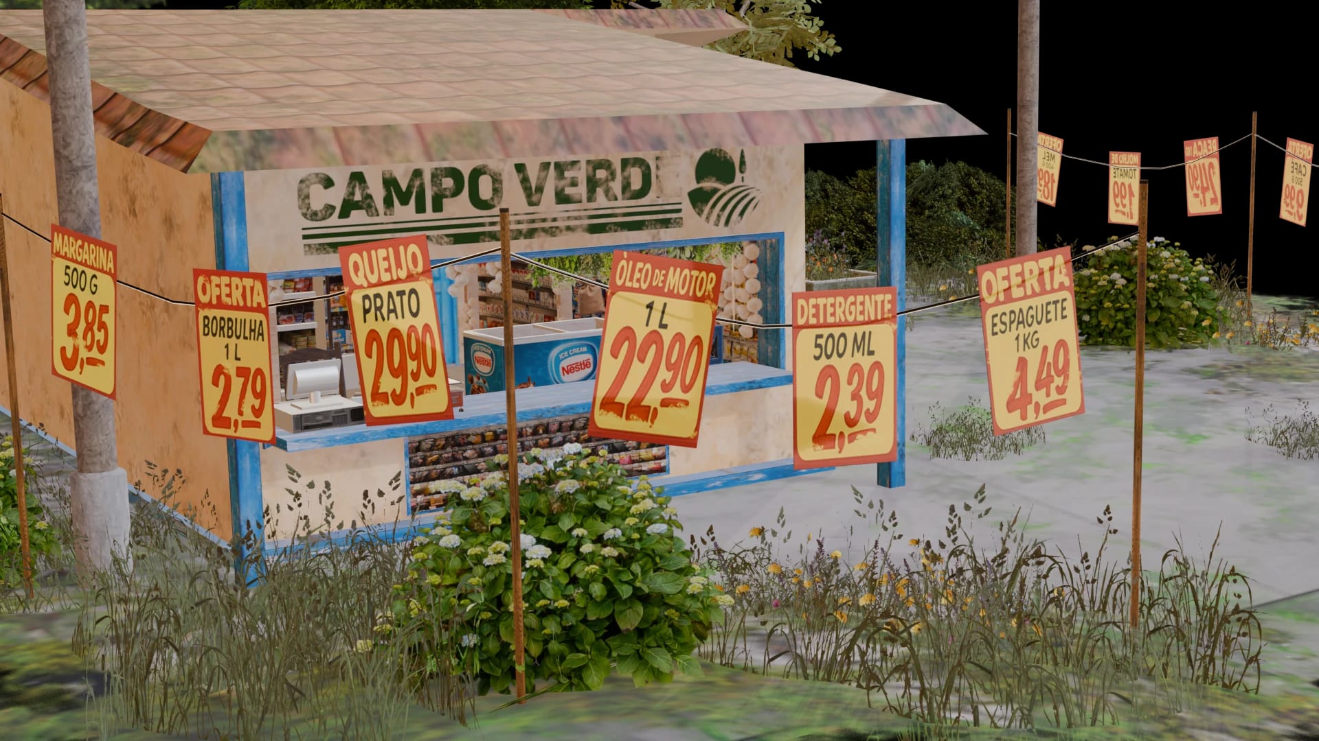 A small blue market with yellow price tags