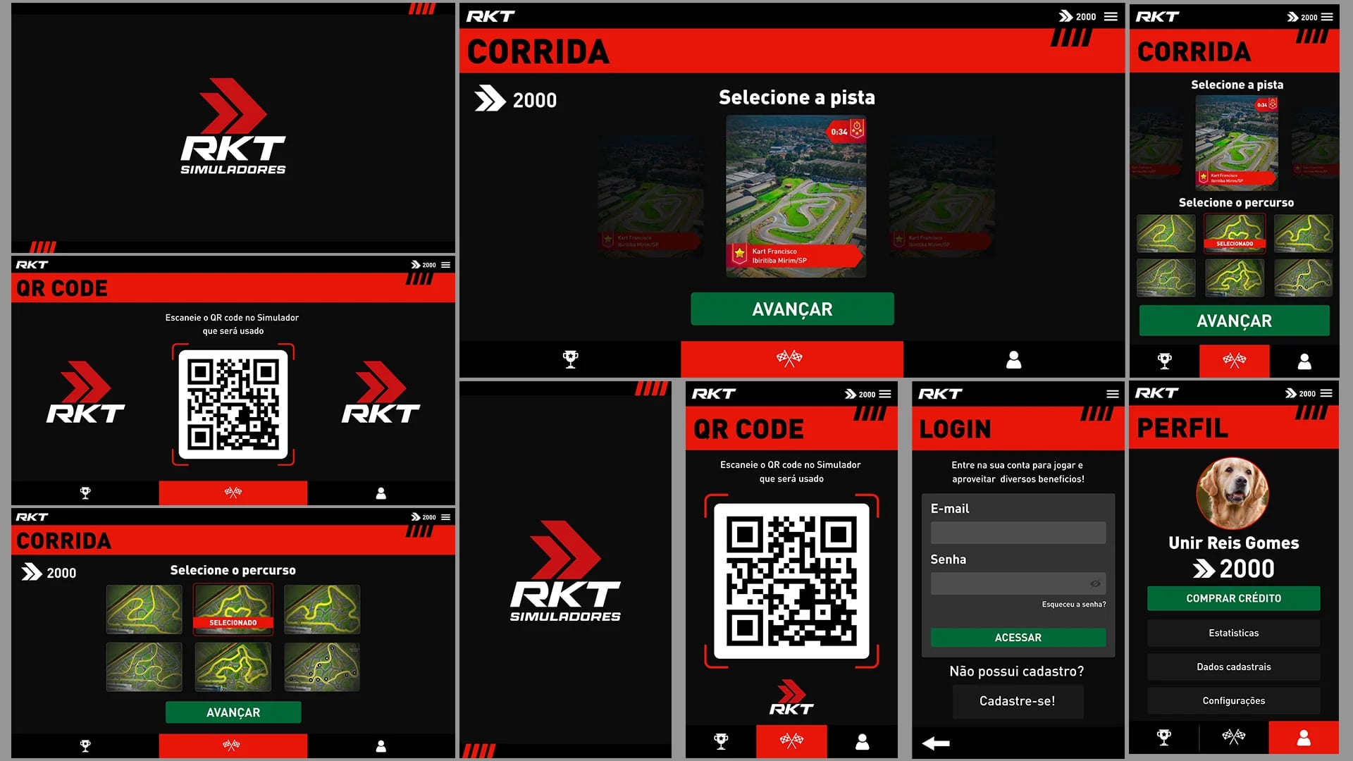 Several red and black app screens for the kart simulator