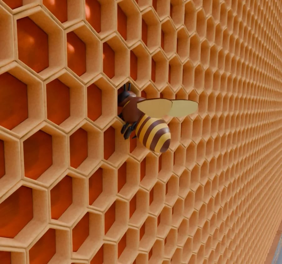 A worker bee on the comb, from the VR animation for Senac