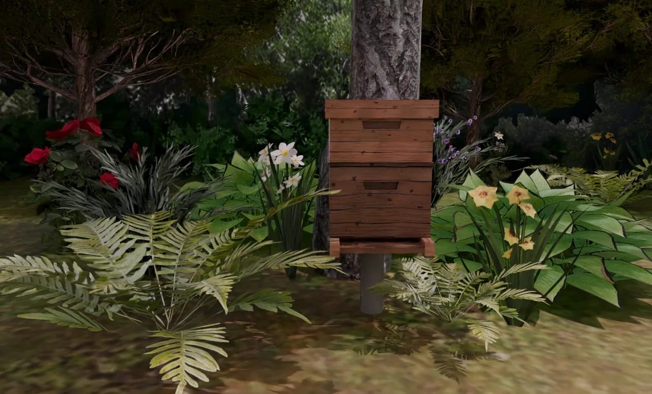 A wooden beehive among the plants of the garden