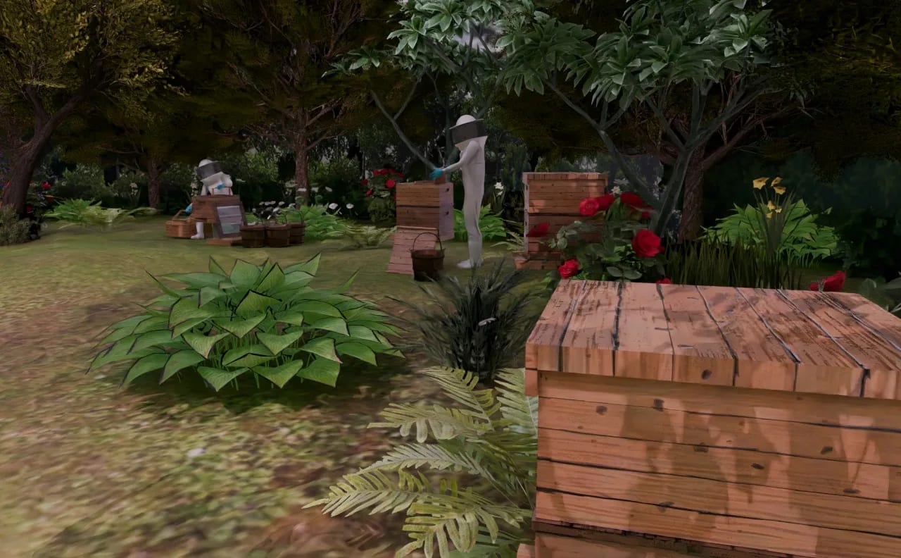 Beehives set among the flowers of the garden