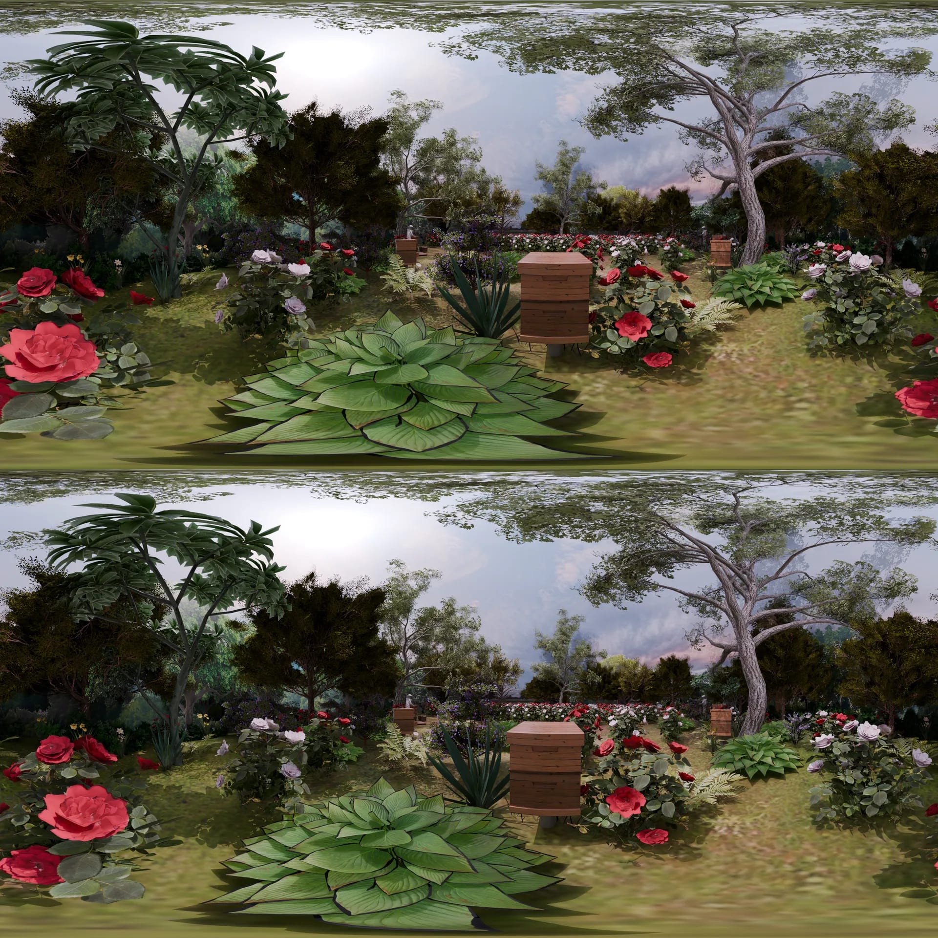 The garden in stereoscopic 360°, one view for each eye