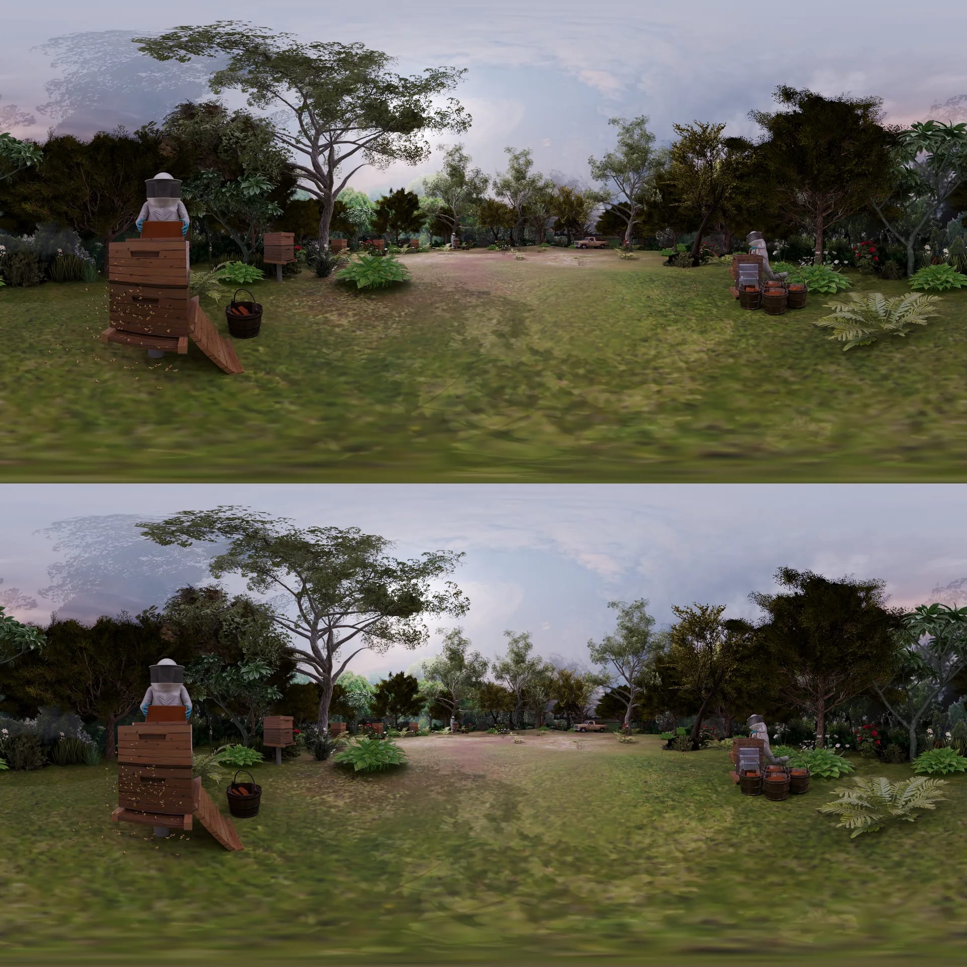 The apiary in stereoscopic 360°, one view for each eye