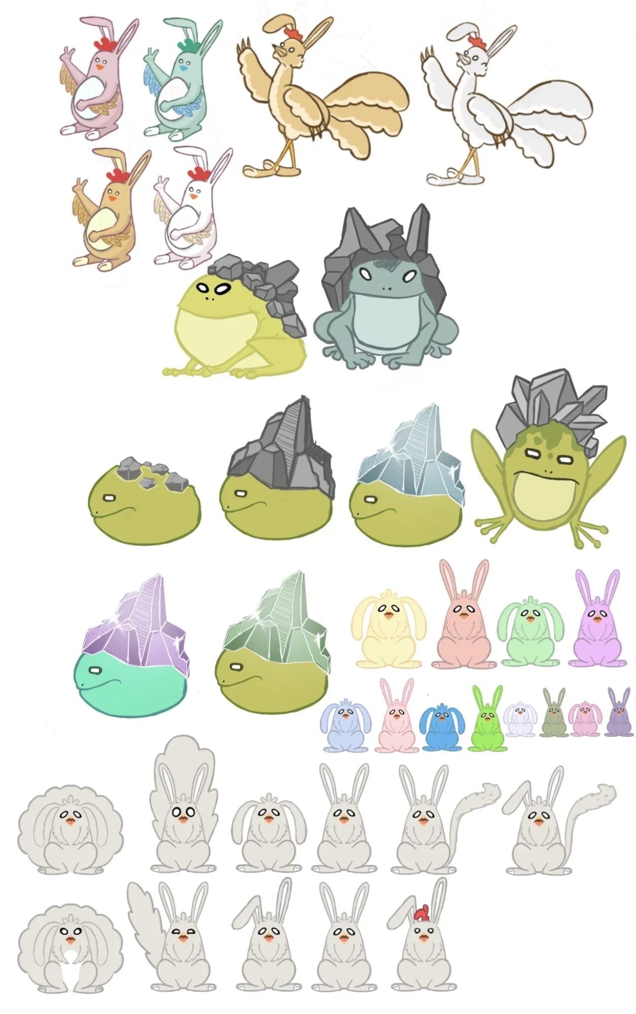 A sheet of chicken, rabbit and frog creatures with crystals on their backs