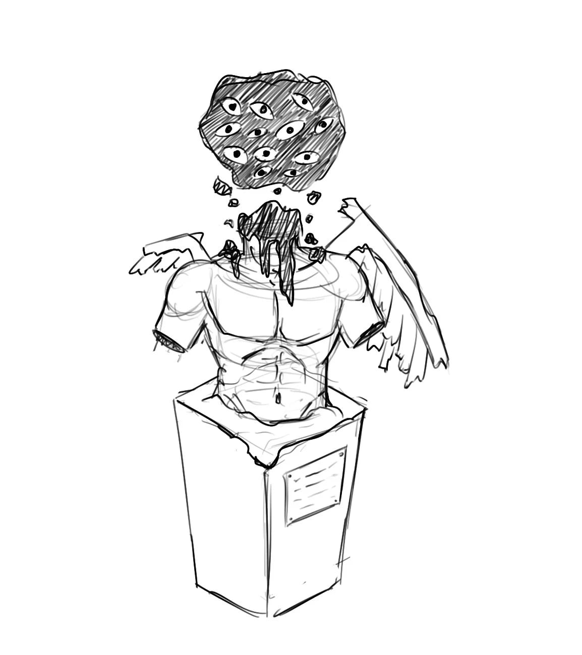 A sketch of a winged bust on a pedestal with a cloud of eyes above it
