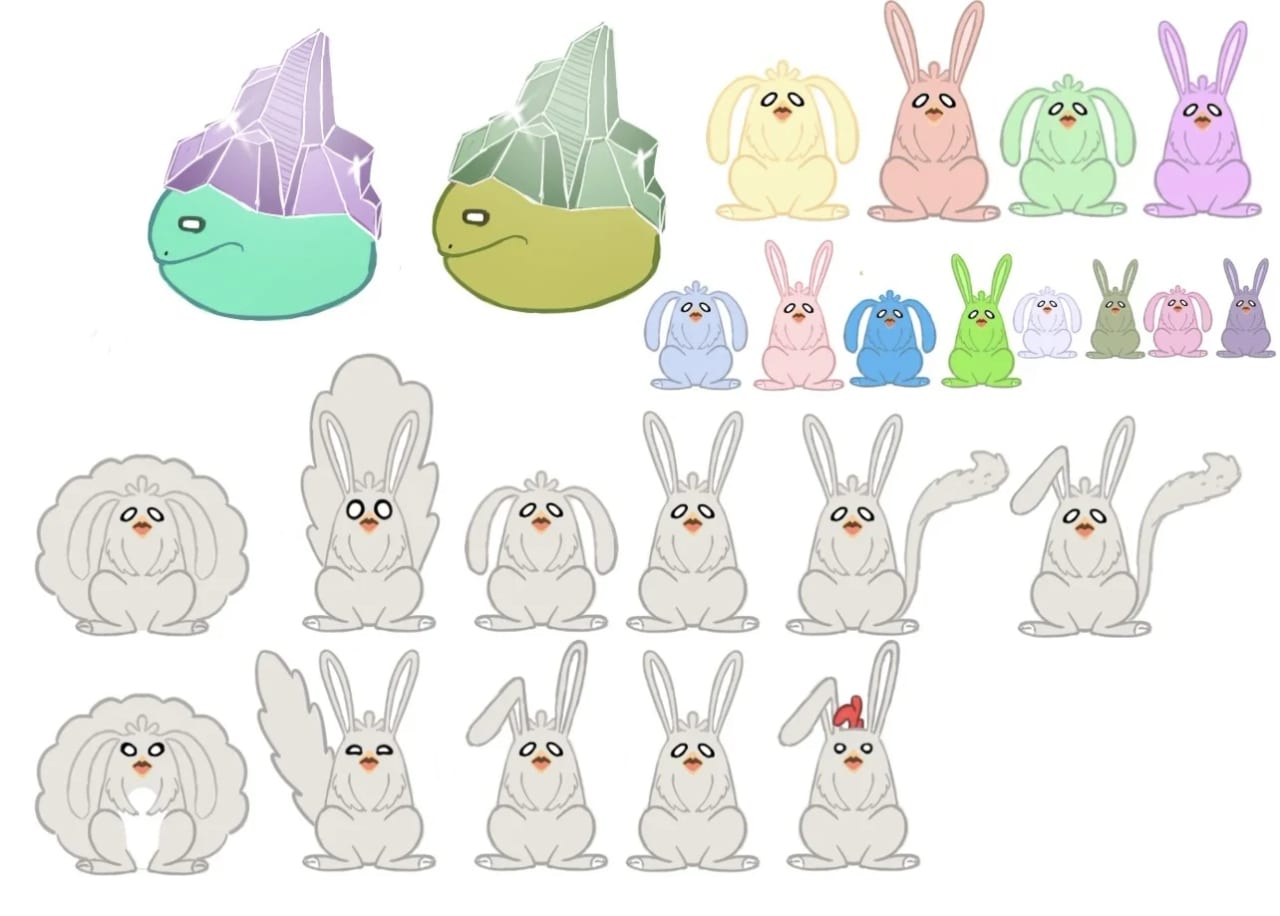 Frogs with crystal shells and rows of colorful rabbits