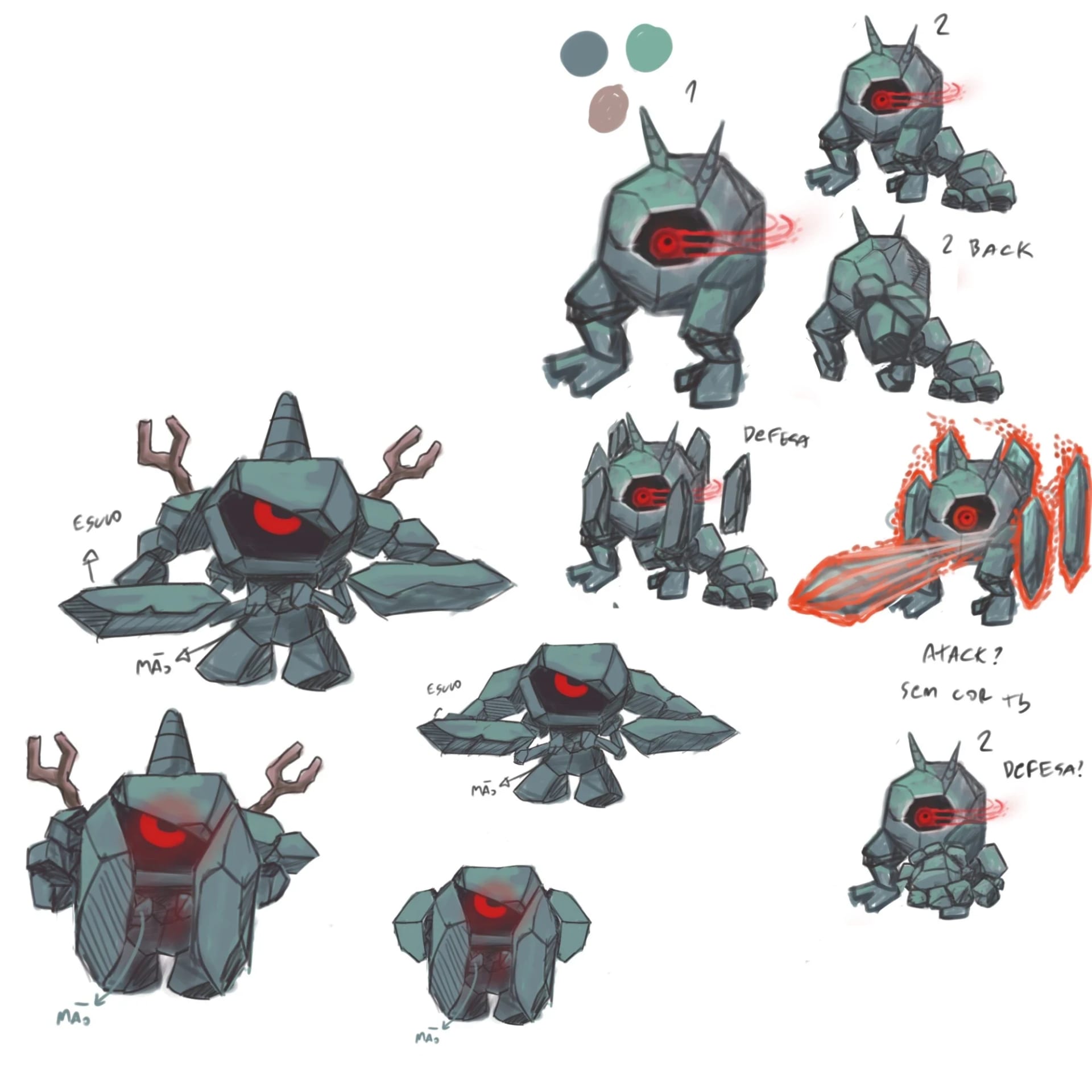 A rock creature with a glowing red eye, drawn in several poses