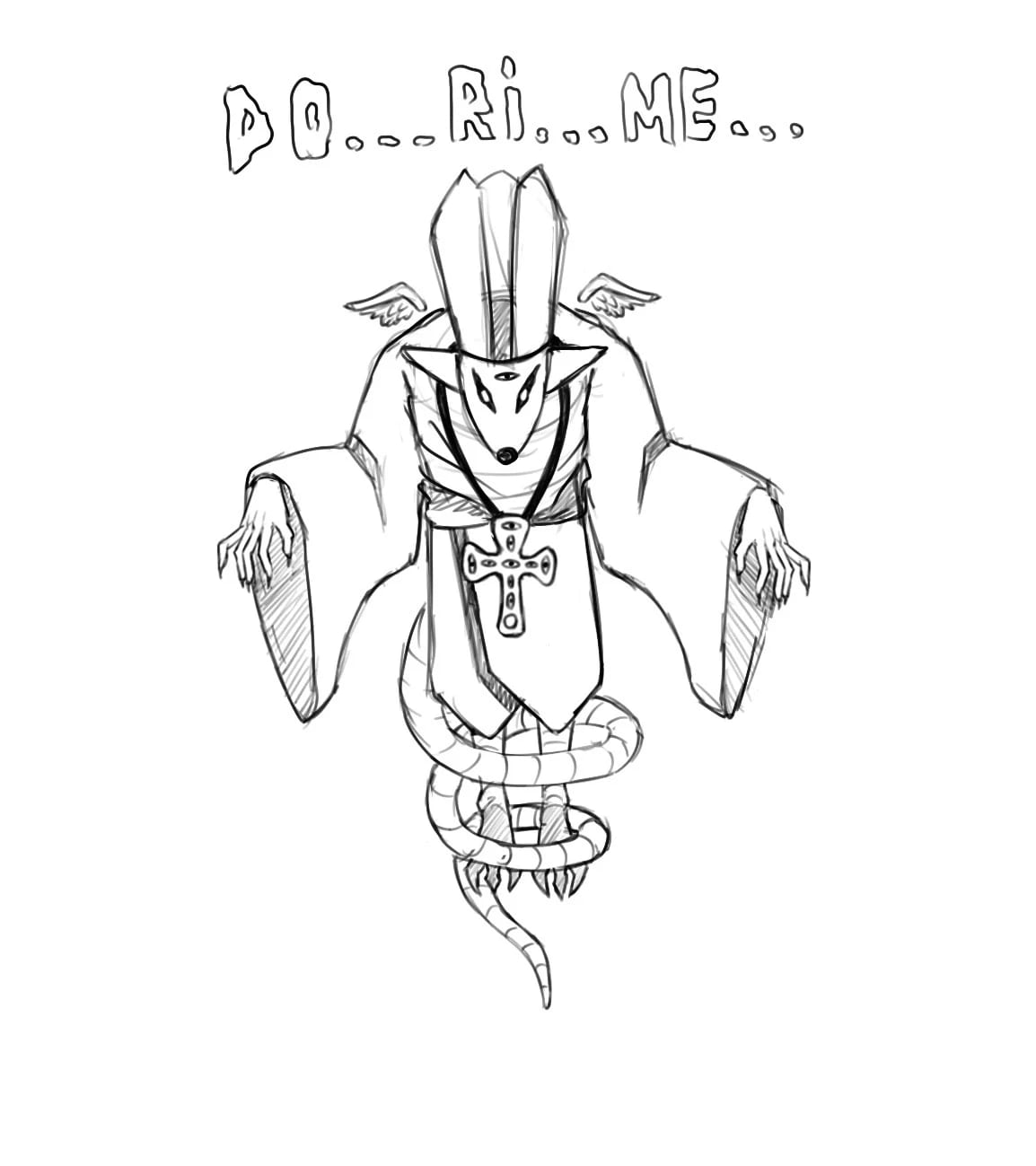 A sketch of a robed creature with a tall hat and a serpent tail