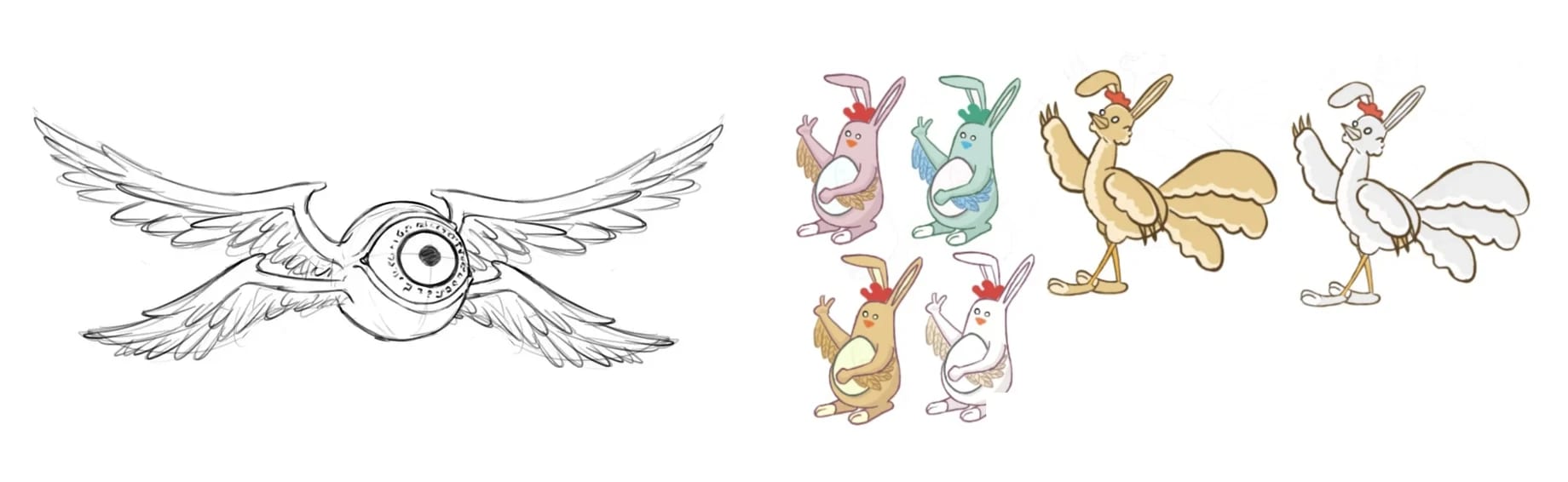 A sketch of a winged eye beside colorful chicken and rabbit creatures