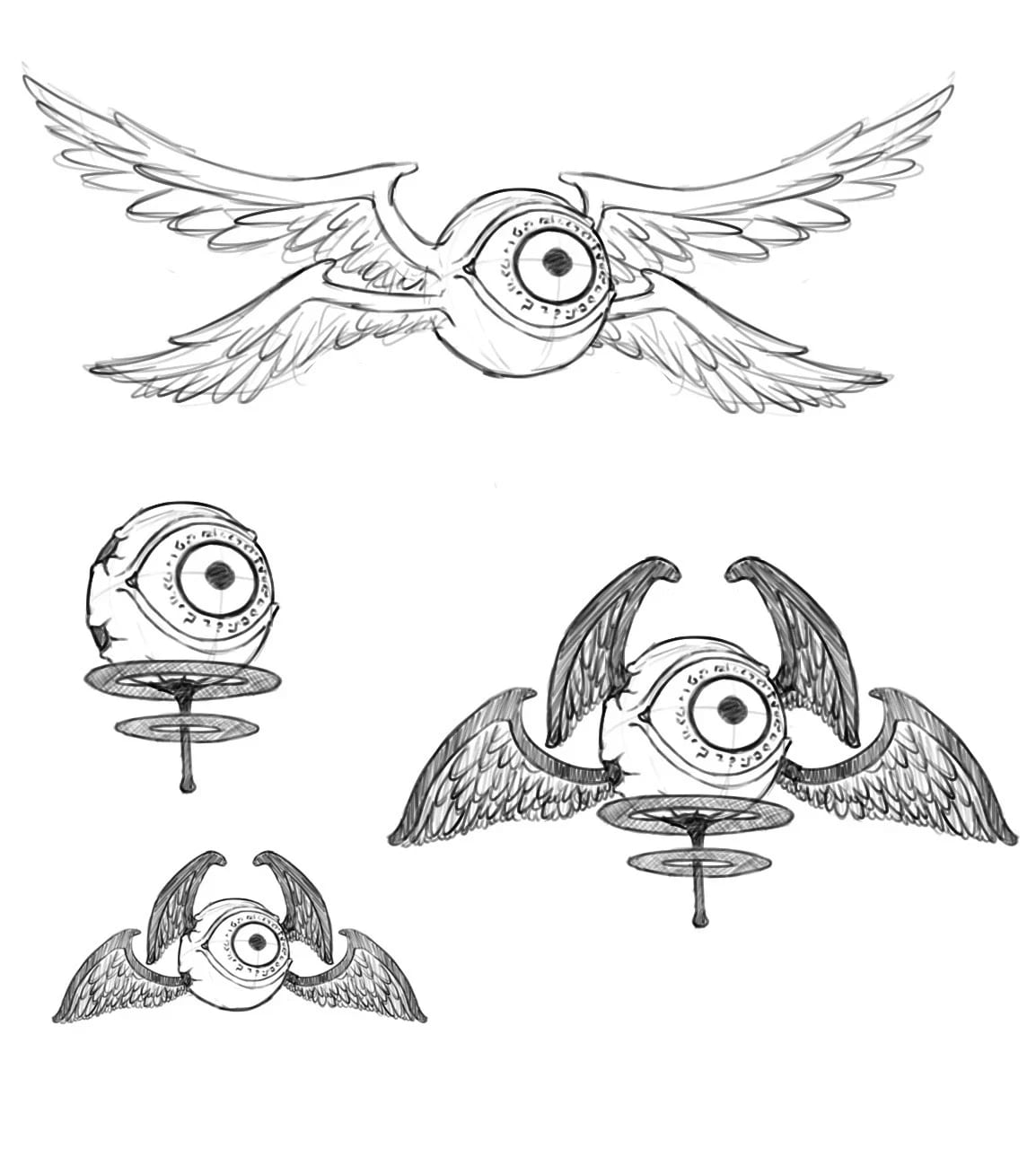 Pencil sketches of an eye with feathered wings
