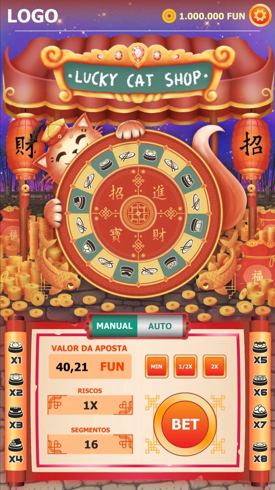 The roulette wheel and the bet panel of the game