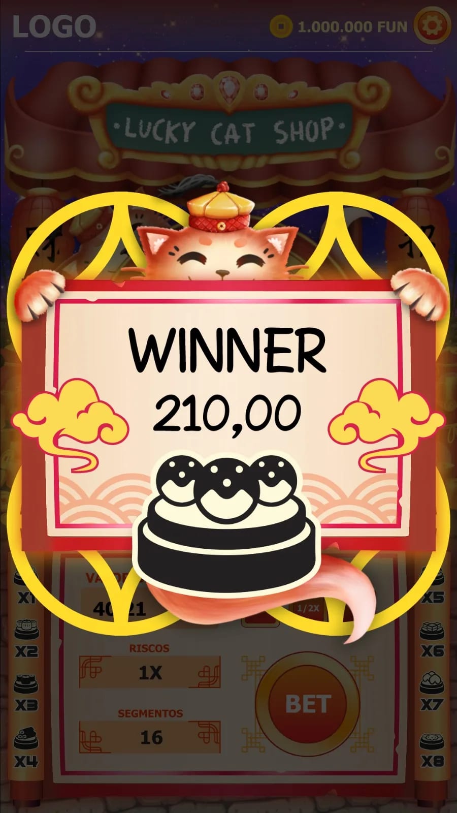 The win screen with the prize of the round