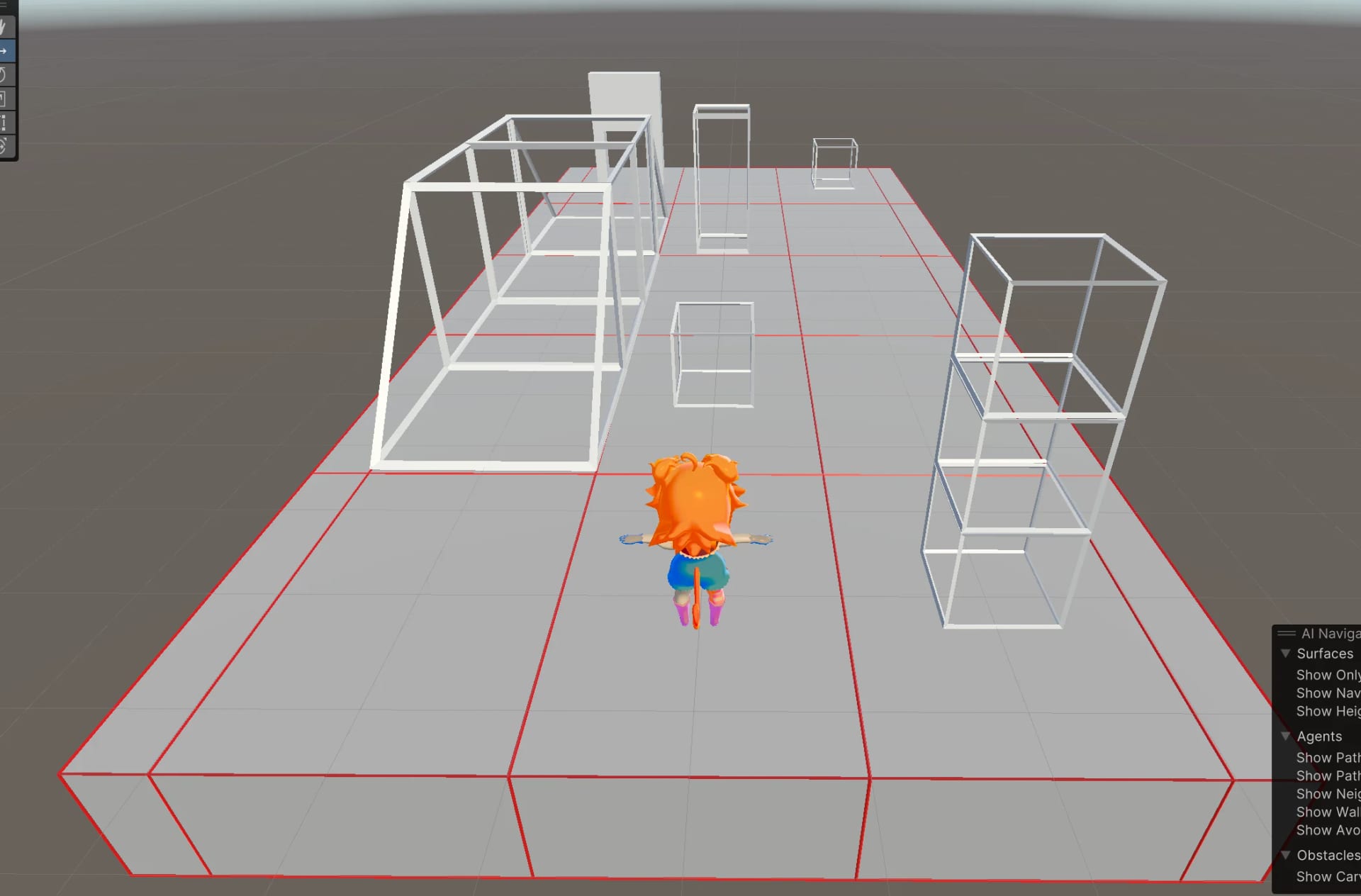 A grey grid track with wireframe obstacles and the character