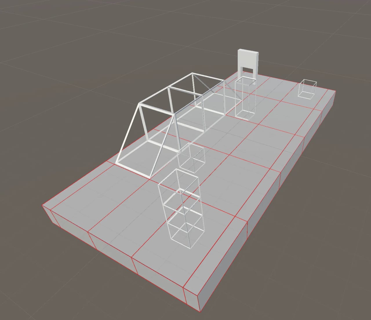 A grey grid track with wireframe obstacles seen from above