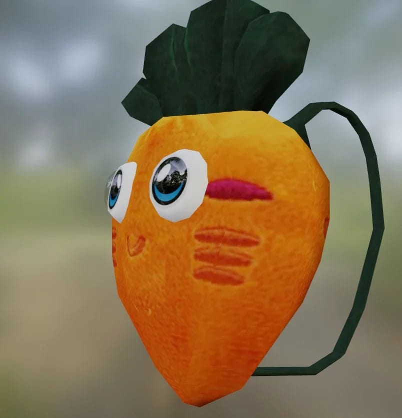 A carrot-shaped backpack with big eyes and a green strap