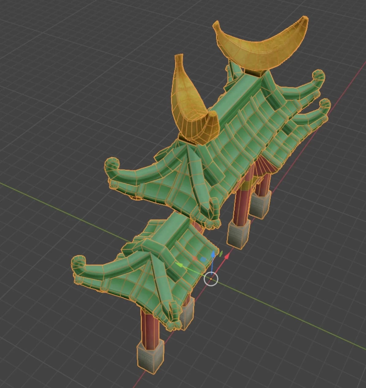 A green-roofed gate with golden banana ornaments in Blender