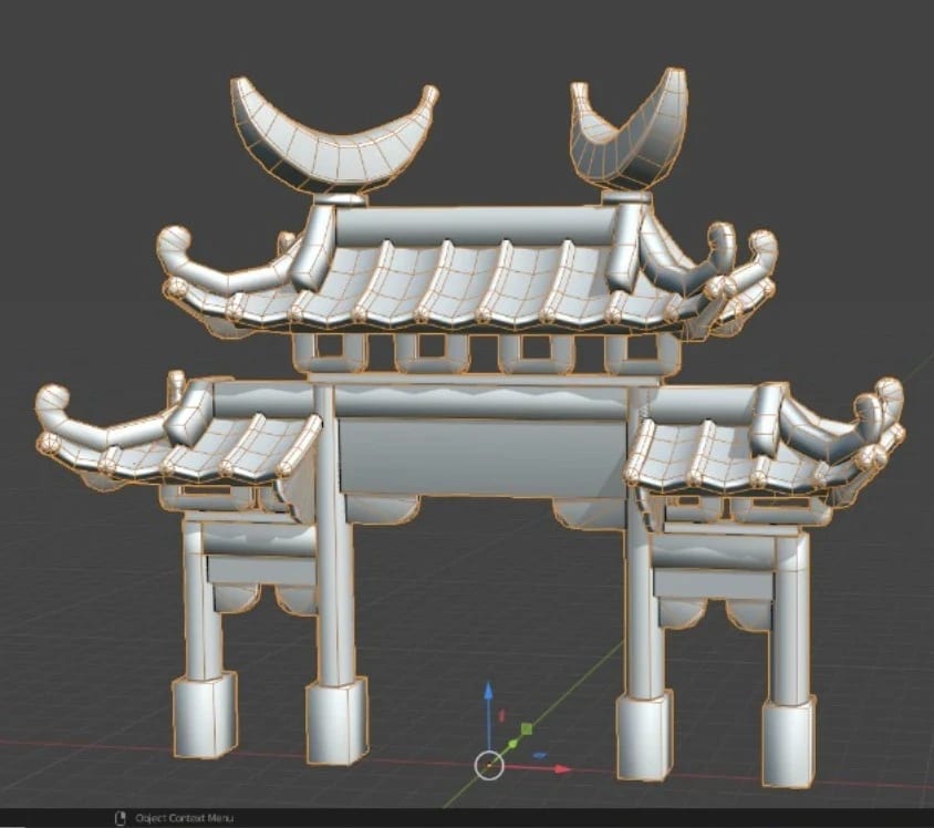 A grey mesh of a gate with curved roofs in Blender