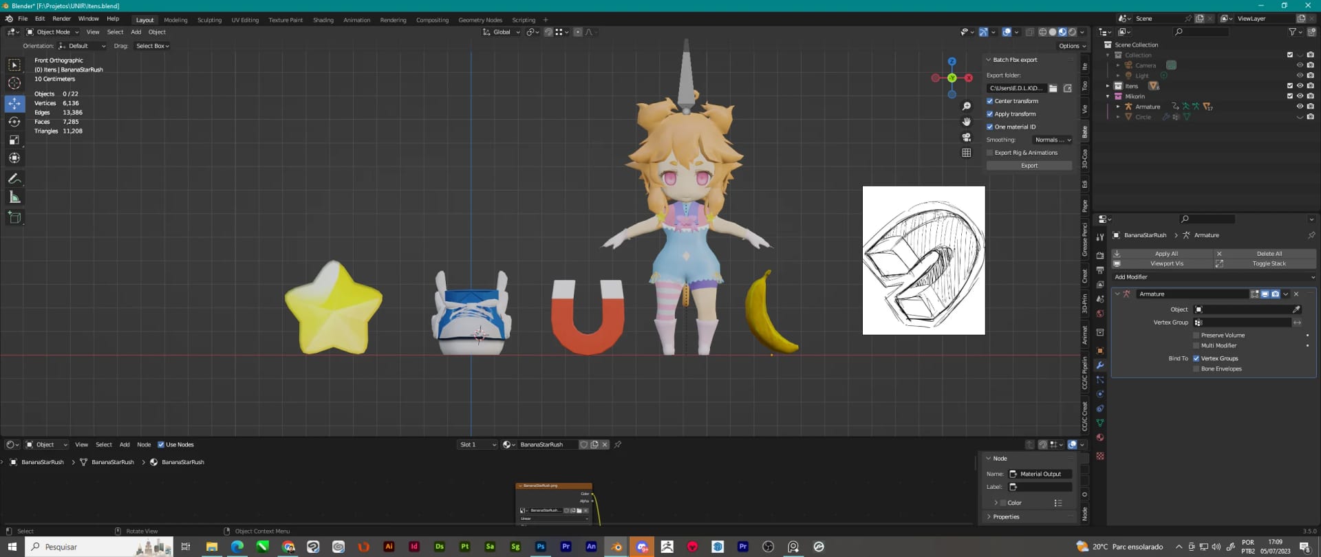 A star, winged shoes, a magnet and a banana beside the character in Blender