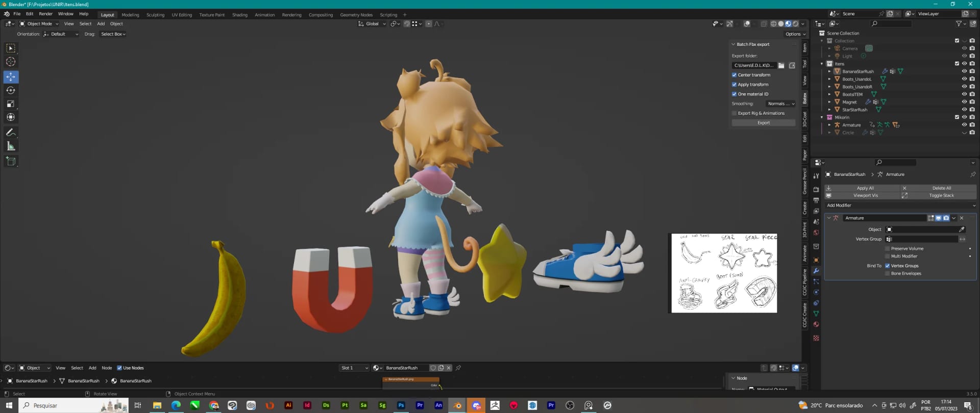 A banana, a magnet, winged shoes and the character in Blender