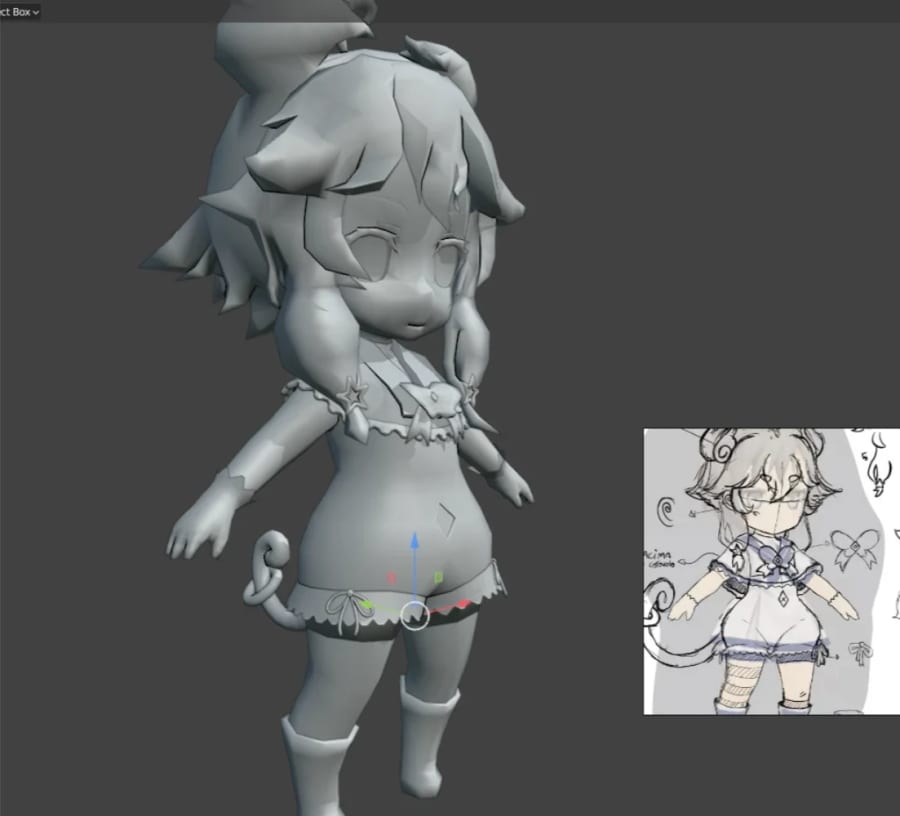 A grey 3D model of the character beside its pencil proportion sketch