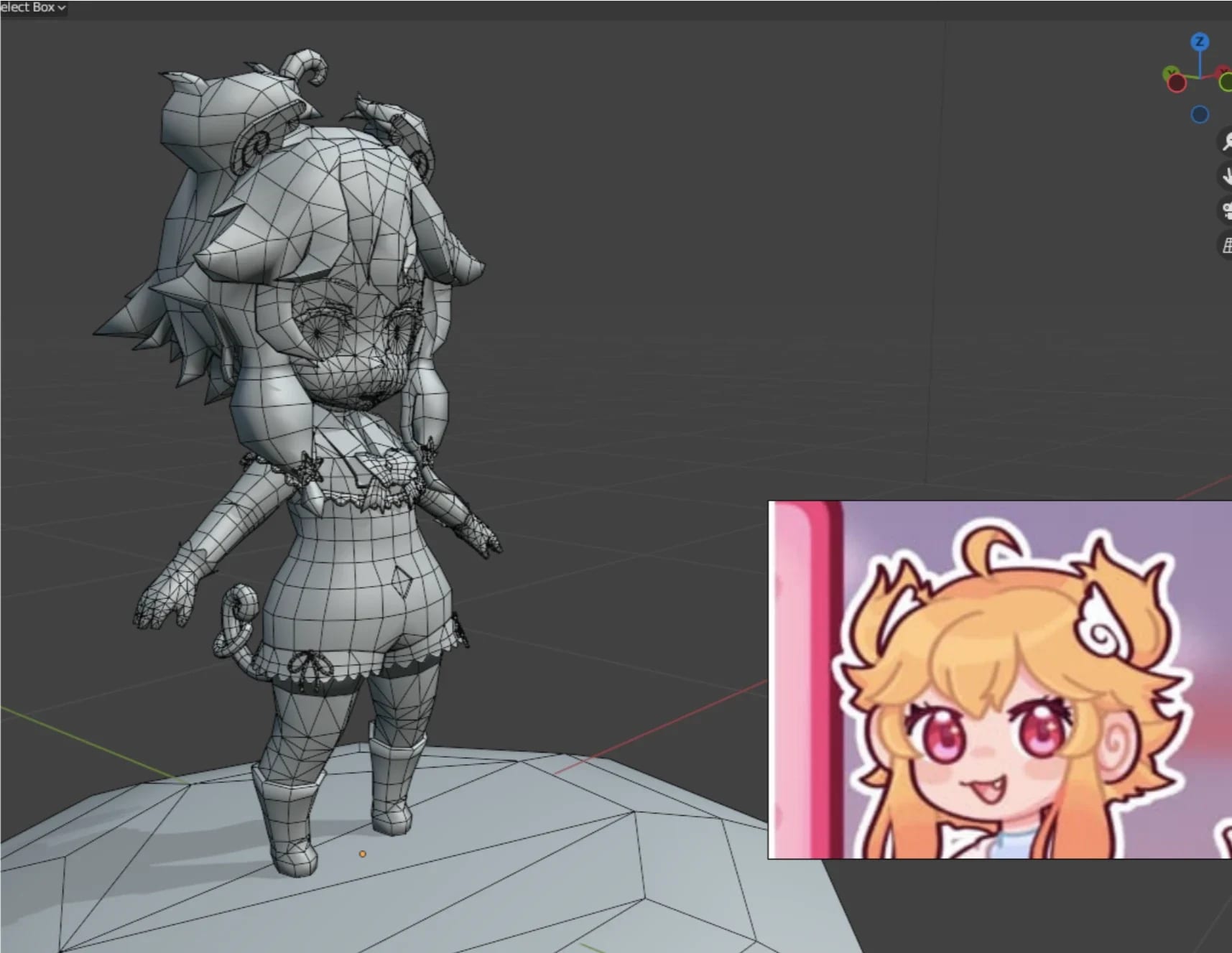The character model in wireframe beside a colored portrait of the character