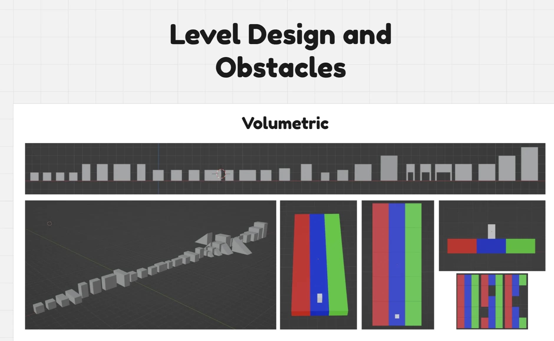 Grey obstacle blocks in a row and a red, blue and green three-lane layout
