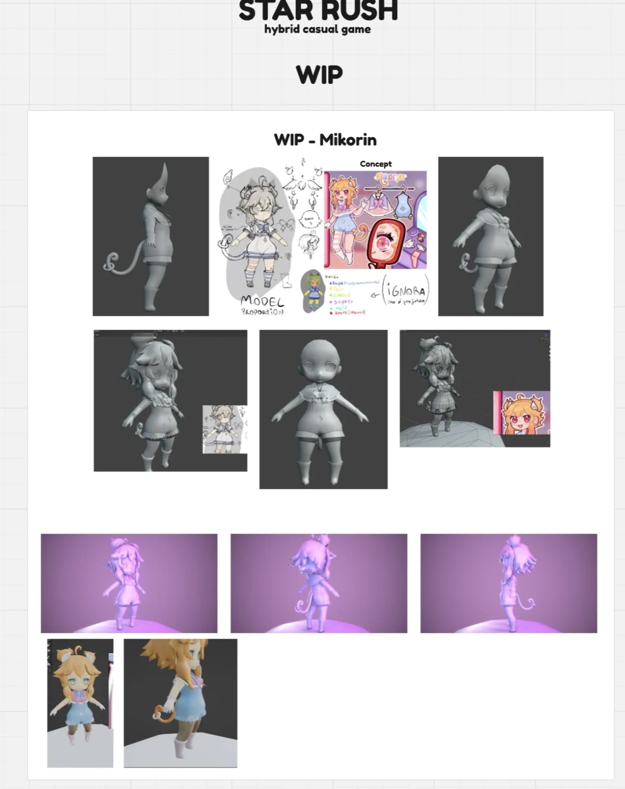 A board with the character concept, grey 3D models and pink renders